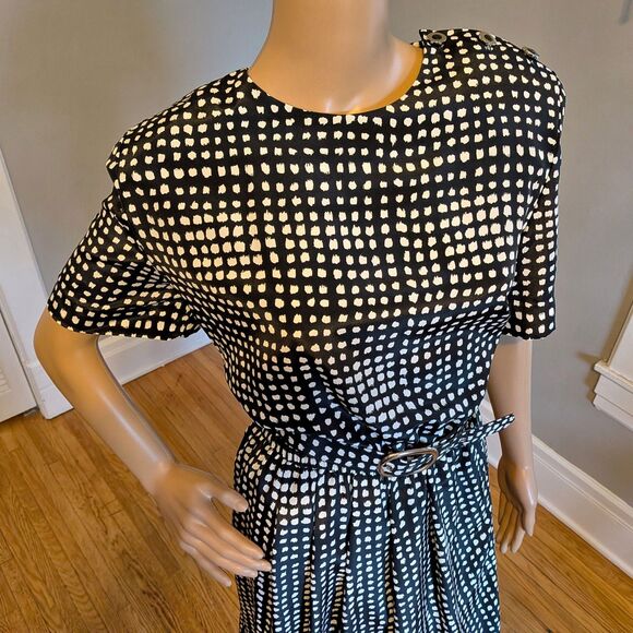 Vintage 80s Leslie Fay Polka Dot Midi Dress, Belted Black, Corpcore Office 14 - Picture 9 of 12